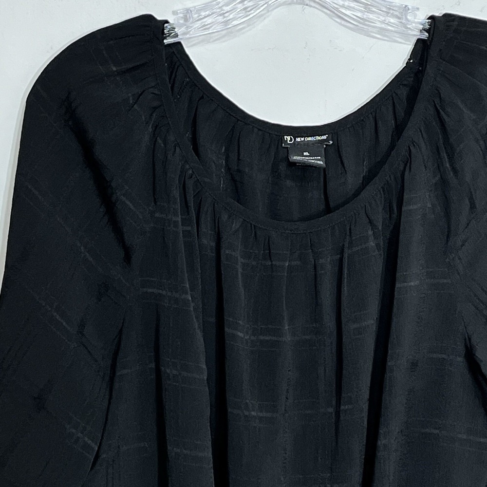 New Directions Black Textured Plaid Tie Front‎ Long Sleeve Blouse Top XL - Picture 3 of 8